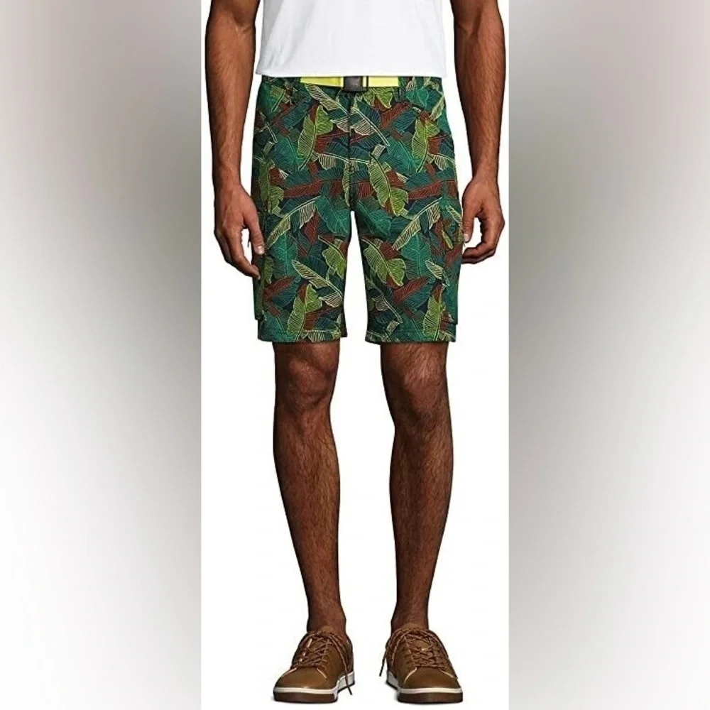 LANDS END MENS 9” SWIM TRUNKS TROPICAL LEAF PRINT NO LINER SIZE L